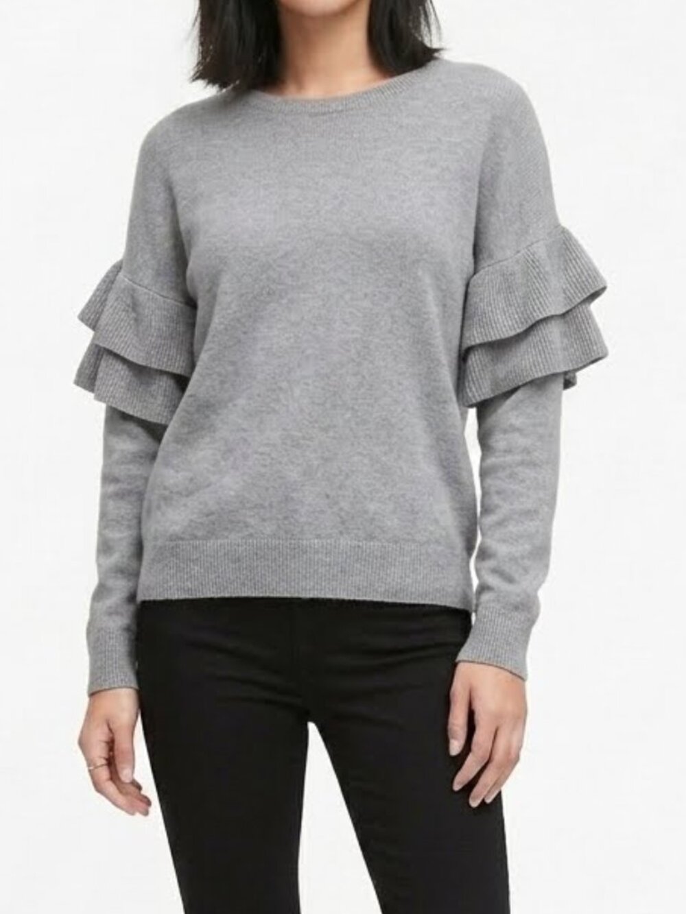 Banana Republic Ruffle Sleeve Sweater Top L Light Gray Wool Blend Crewneck